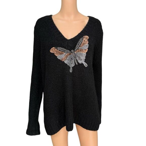 Zara Knit Black wool/alpaca blend sequined butterfly Slouchy Butterfly sweater M - Picture 1 of 7